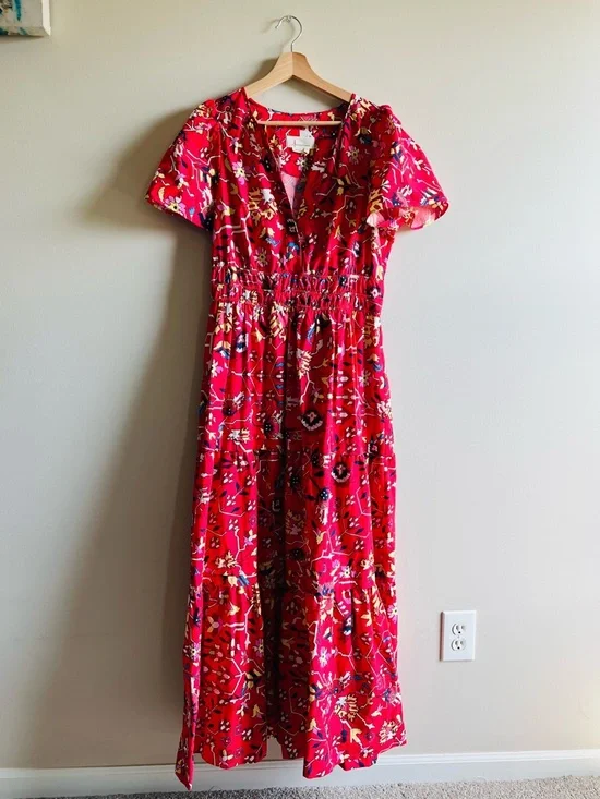 Anthropologie Maeve Somerset Maxi Dress M in Red Geo Floral Print Cotton Dress - Picture 2 of 11